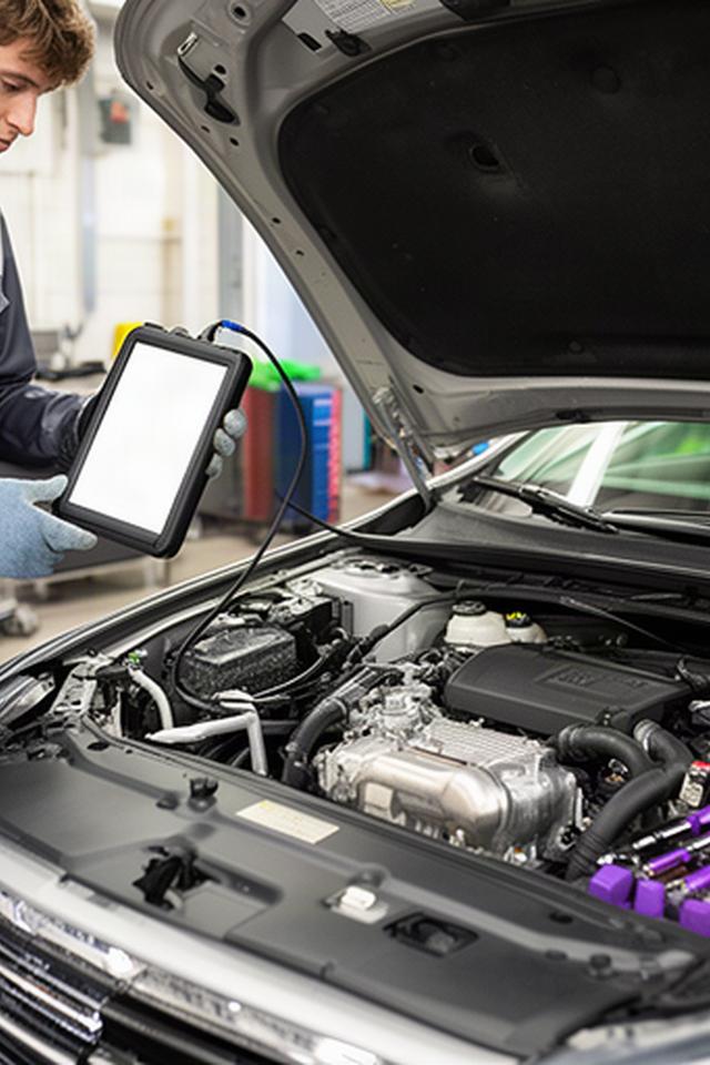 Technician using a diagnostic scan tool beside an open vehicle engine bay