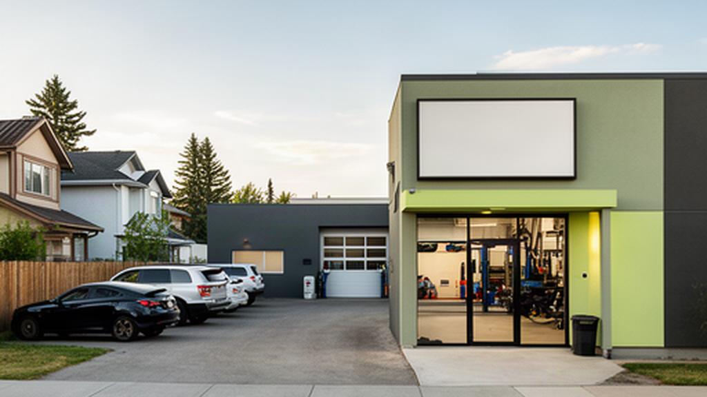 Automotive repair shop entrance on a Calgary street with customer parking