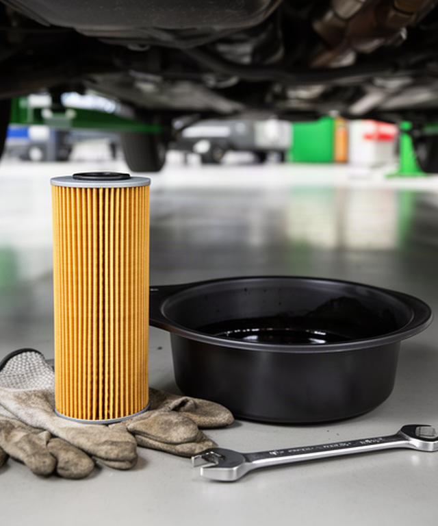 Fresh oil filter and drain pan beside a vehicle during an oil change