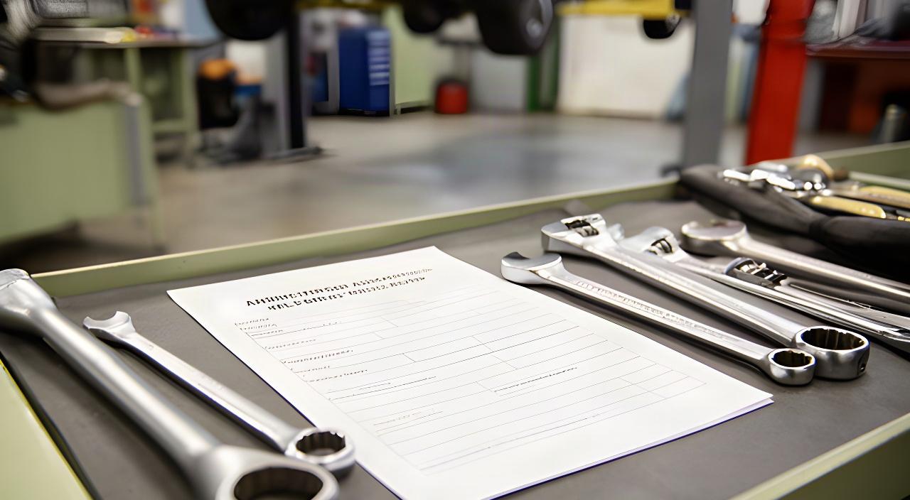 Vehicle repair authorization being reviewed beside tools in an automotive workshop