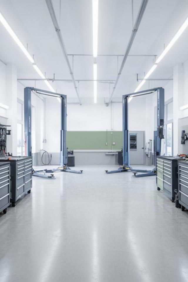 Bright two-bay automotive service area with lifts and organised tools