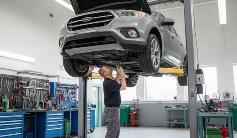 Technician inspecting a vehicle raised on a lift in a clean Calgary repair bay
