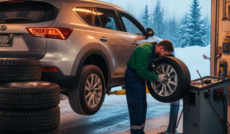 Technician fitting winter tires to a family SUV inside a warm Calgary service bay