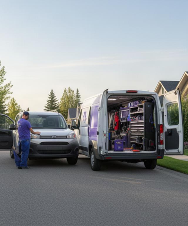 Mobile mechanic van with organised tools parked beside a customer's vehicle