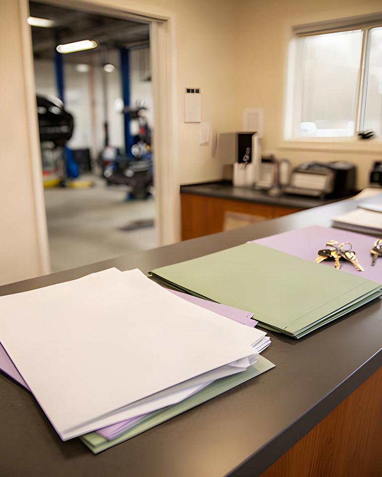 Welcoming automotive repair front counter with appointment folders and vehicle keys