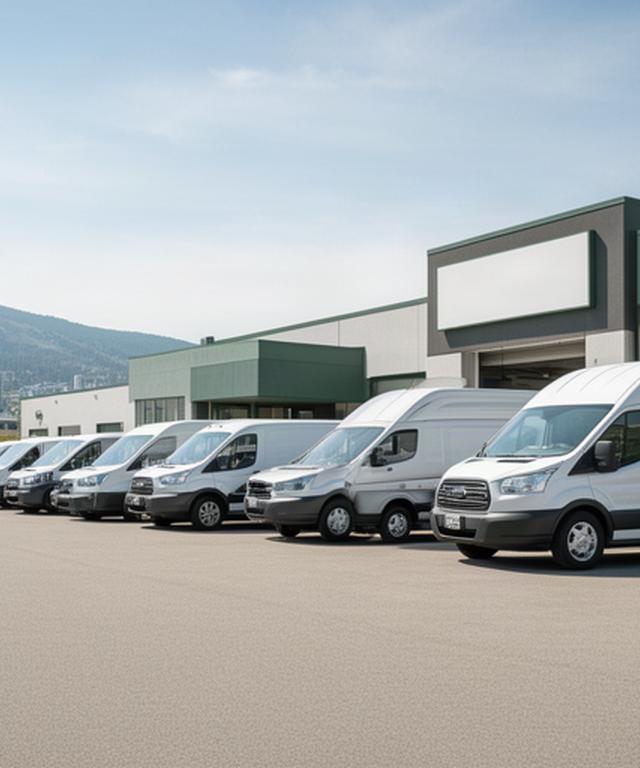 Several business vehicles lined up outside a Calgary fleet service facility