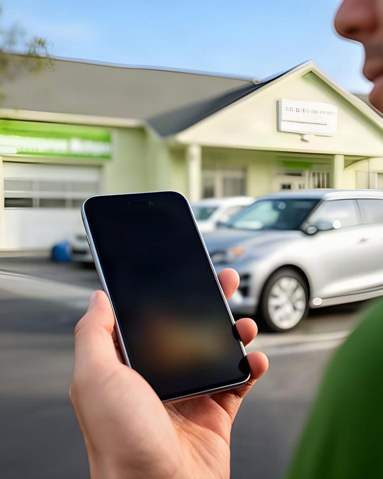 Customer holding a phone beside a parked vehicle outside a Calgary repair shop
