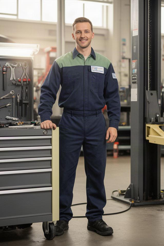 Automotive technician in work uniform standing beside service equipment in Calgary