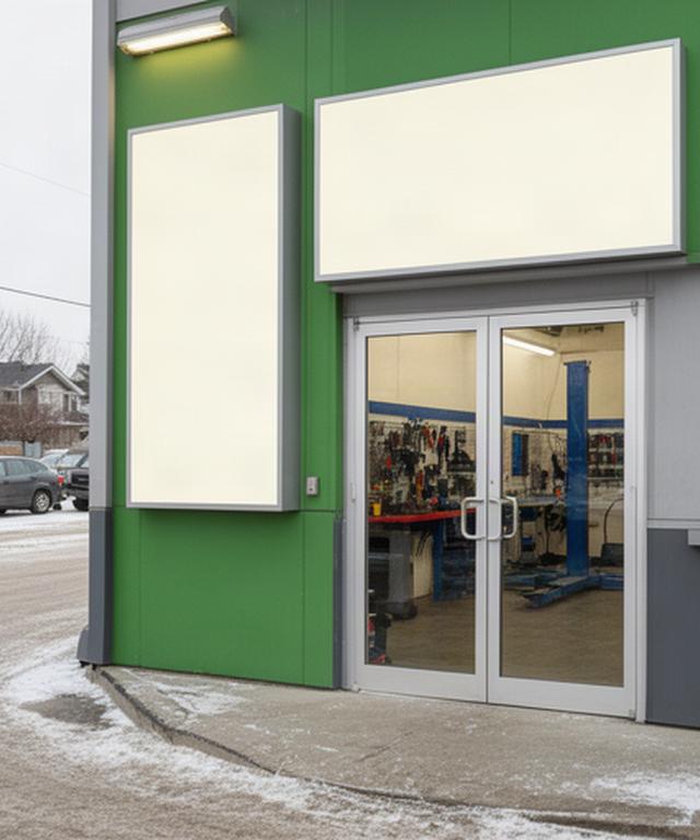Automotive service sign beside a clean Calgary repair workshop entrance