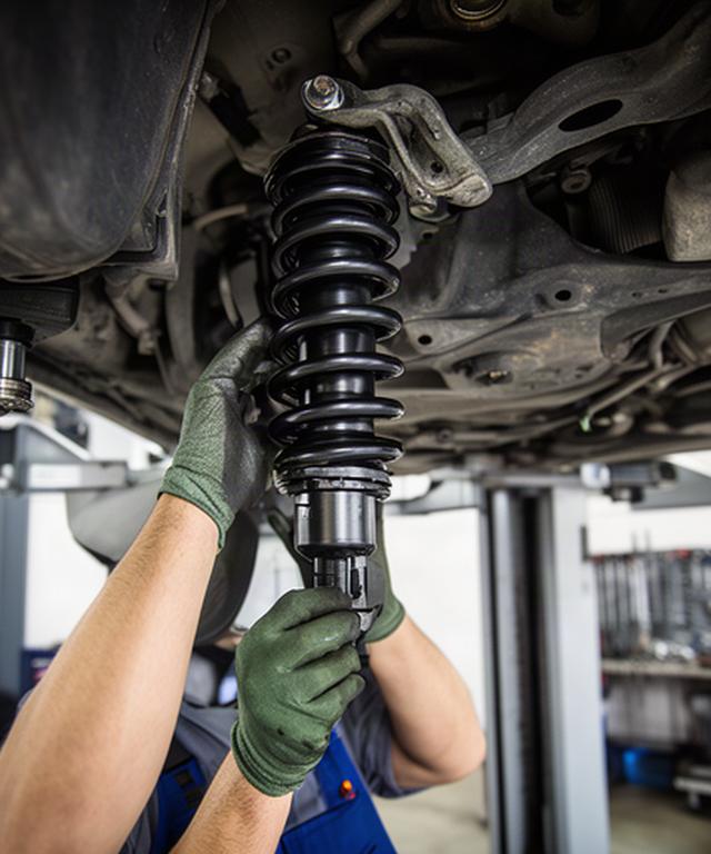 Mechanic examining a shock absorber and suspension assembly under a raised vehicle