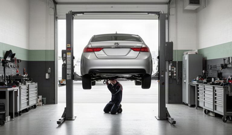 Sedan raised on a vehicle lift while a technician works beneath it