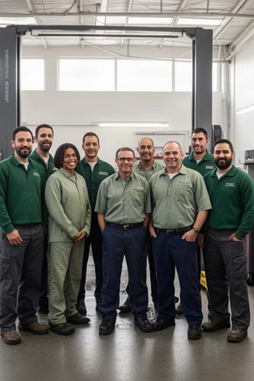Automotive repair team standing together inside a bright Calgary service workshop