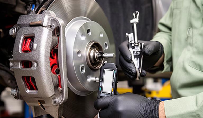 Technician measuring brake components during a vehicle service appointment