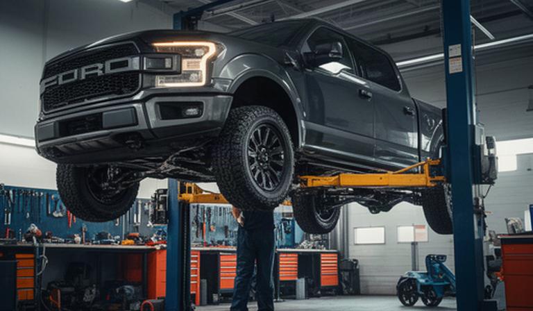 Pickup truck receiving underbody service in a professional repair bay
