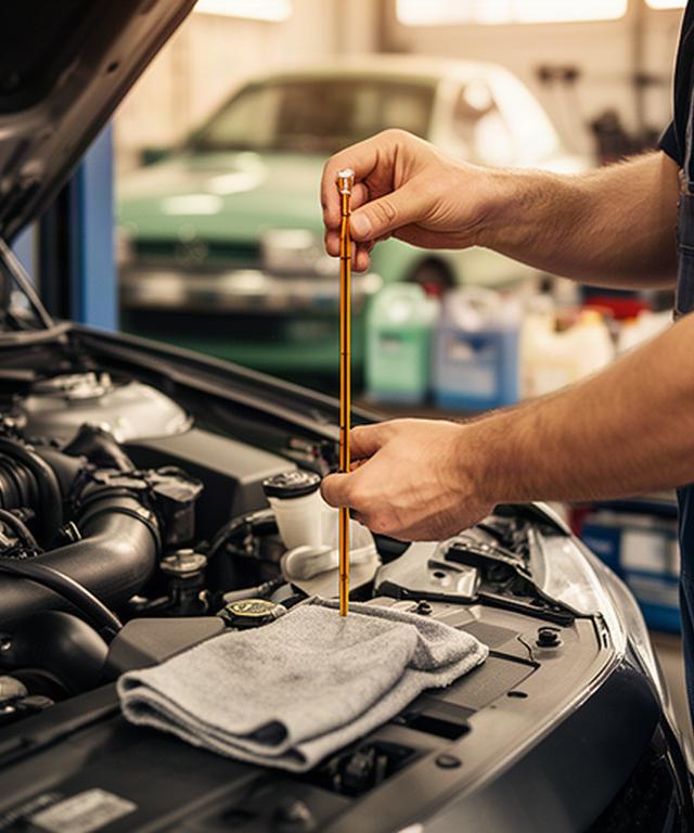 Mechanic checking engine oil level during routine maintenance in a Calgary garage