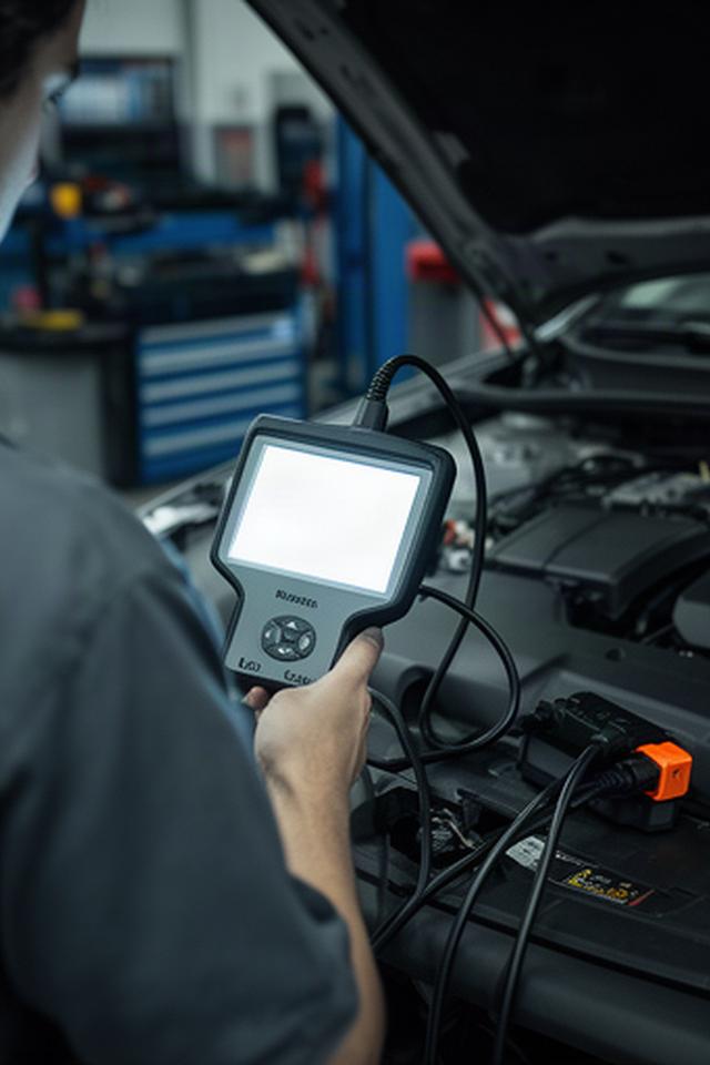 Automotive technician using an OBD scanner beside a car dashboard