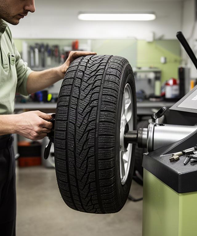 Technician fitting a seasonal tyre on a balancing machine inside a workshop