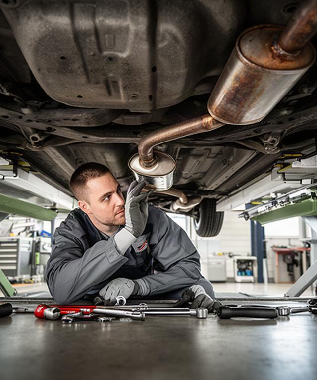 Muffler and exhaust pipe inspected beneath a raised vehicle