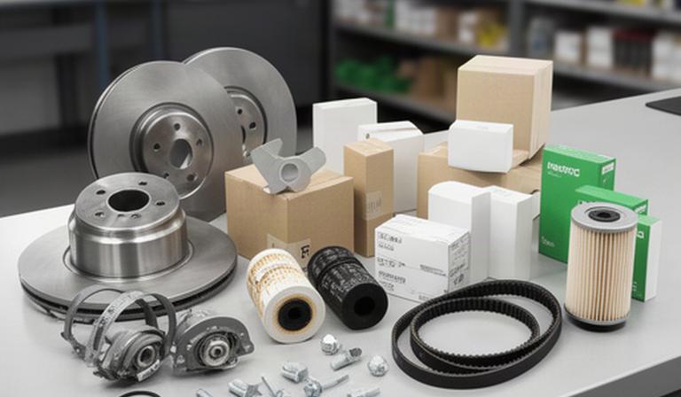 Automotive replacement parts arranged at a service counter for a scheduled repair