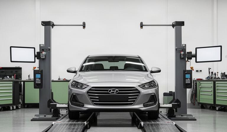 Vehicle positioned on a Hunter wheel alignment rack inside a modern service bay