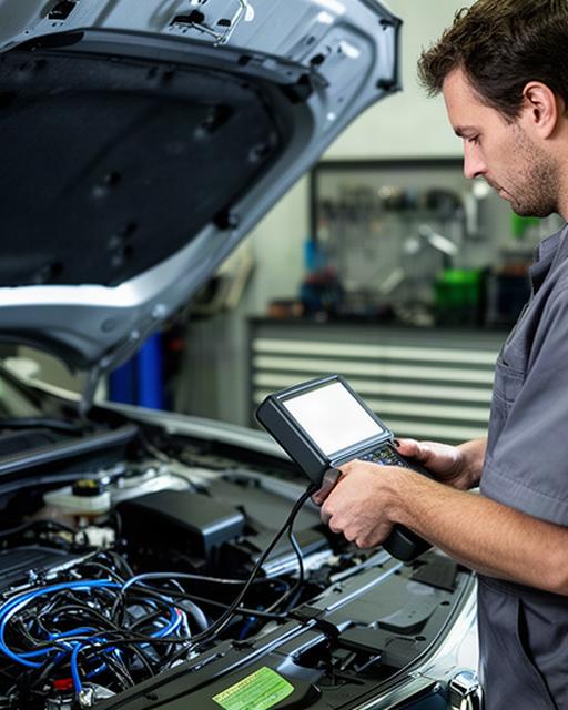 Mechanic using a diagnostic scanner beside an open vehicle hood in the workshop