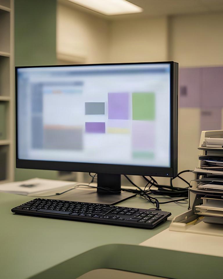 Secure computer workstation displaying a service appointment system in an office
