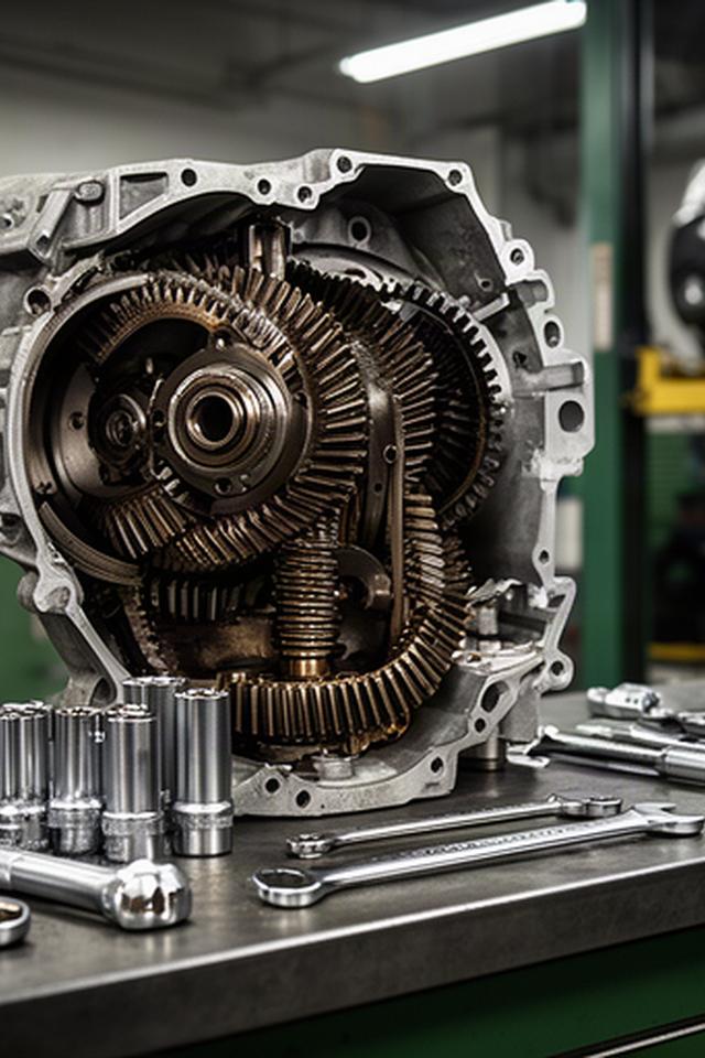 Transmission cutaway displayed beside tools in an automotive service bay