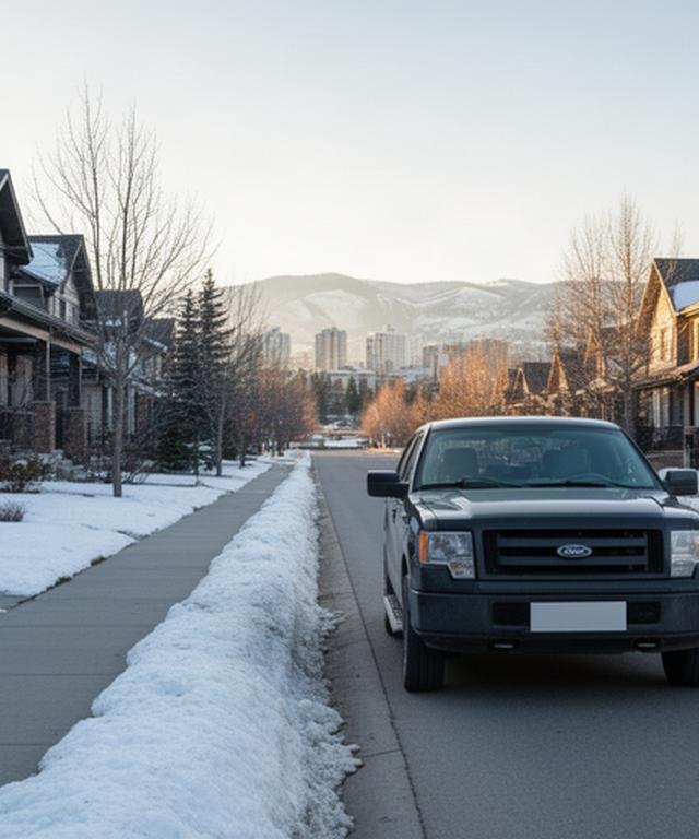 Calgary residential road with a serviced vehicle parked near a winter curb