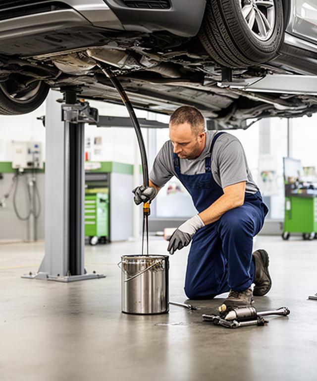Mechanic draining engine oil beneath a vehicle in a bright Calgary service bay