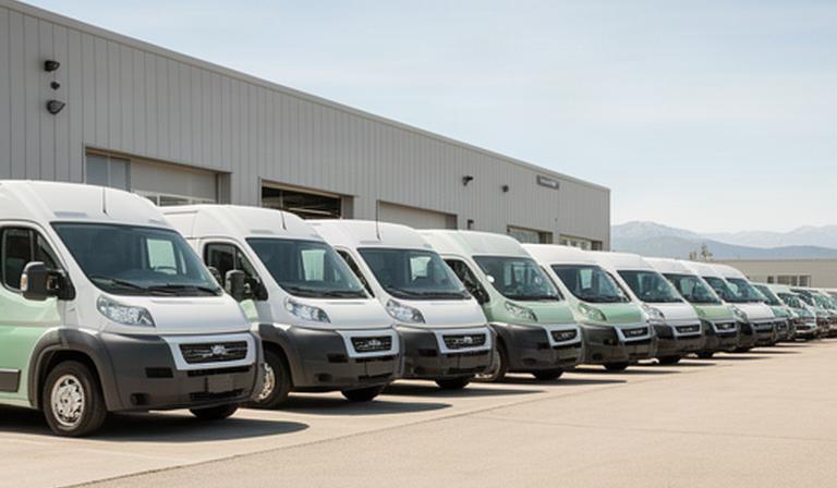 Line of branded service vans parked outside a Calgary automotive workshop