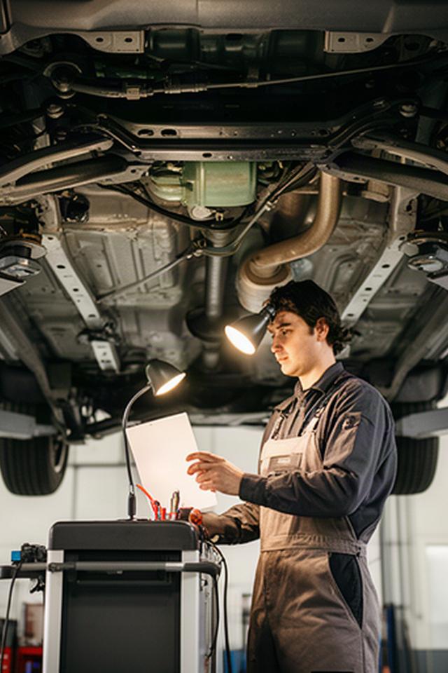 Mechanic inspecting the underside of a used vehicle on a lift before a purchase