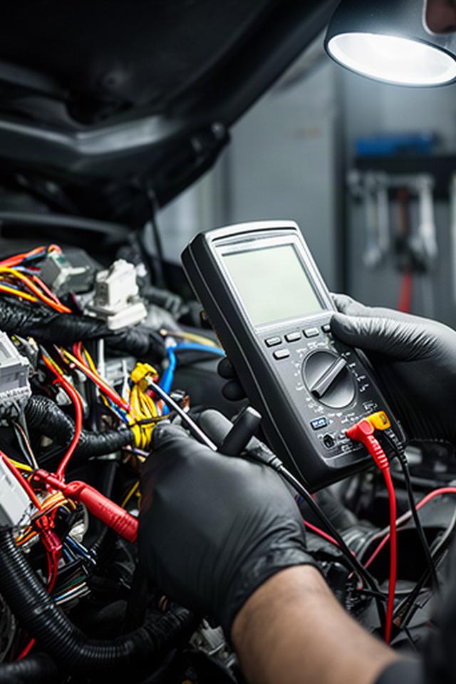 Technician tracing an automotive wiring harness with a test meter
