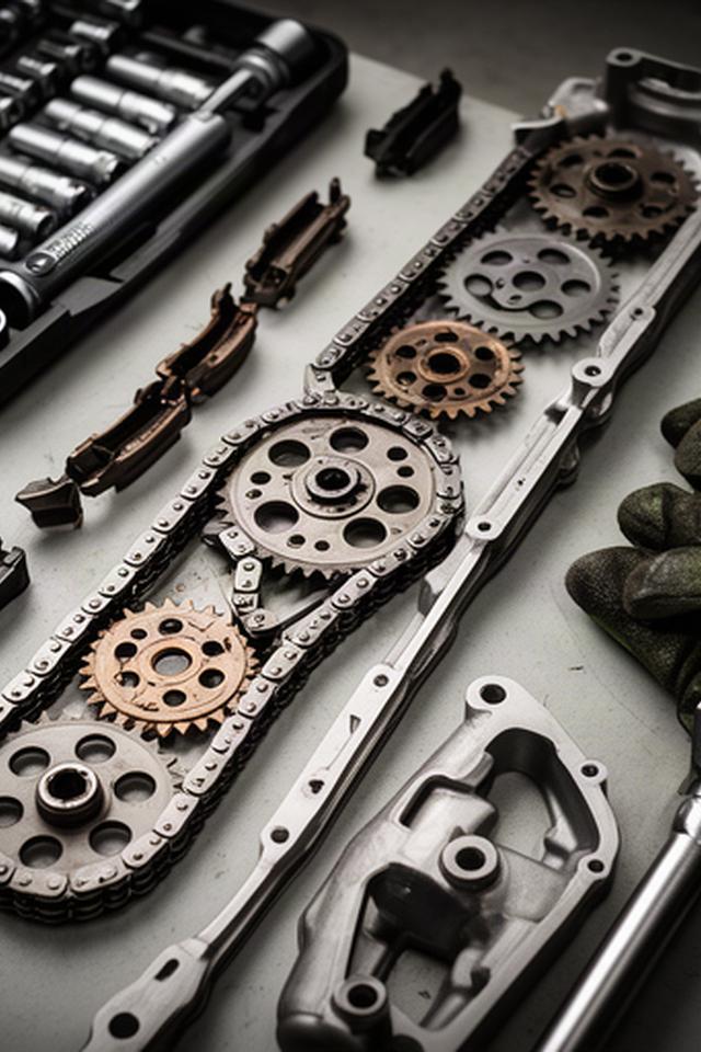 Timing chain and engine timing cover laid out for careful replacement