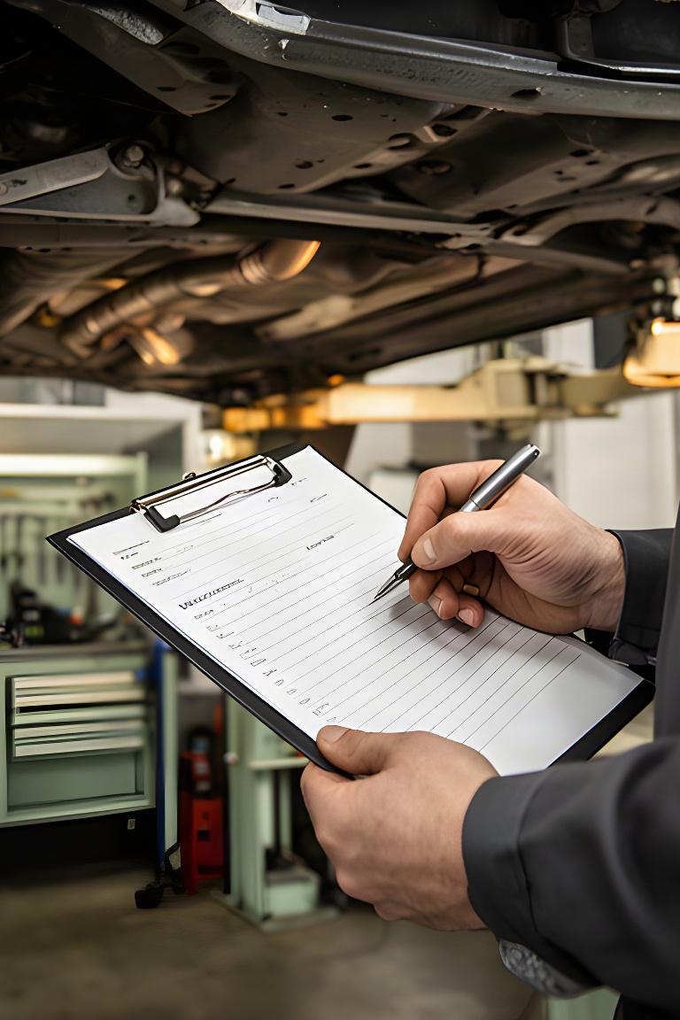 Technician writing a vehicle inspection record beside a lifted car