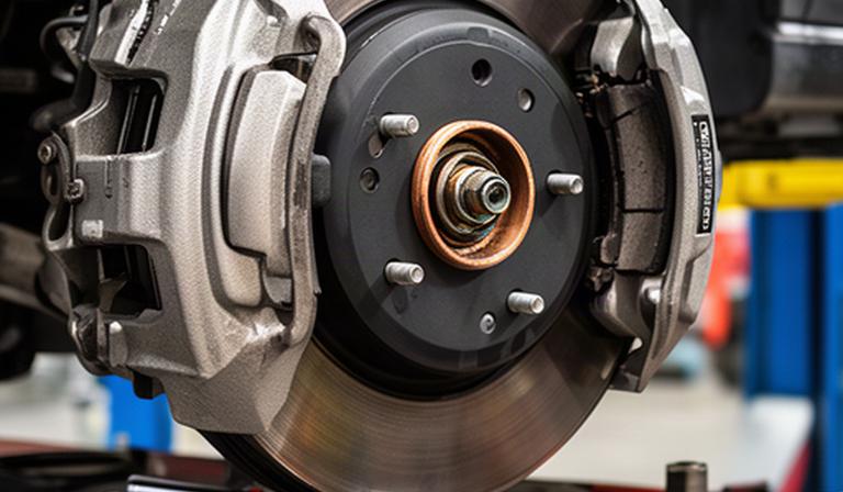 Close view of a brake caliper and rotor during service