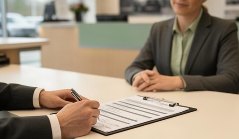 Customer signing a vehicle service authorisation at an automotive reception desk