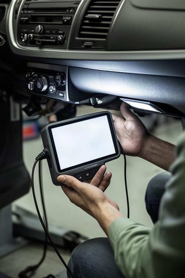 Mechanic using a diagnostic scanner beneath a vehicle dashboard
