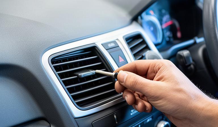 Technician testing cool air from a vehicle dashboard vent