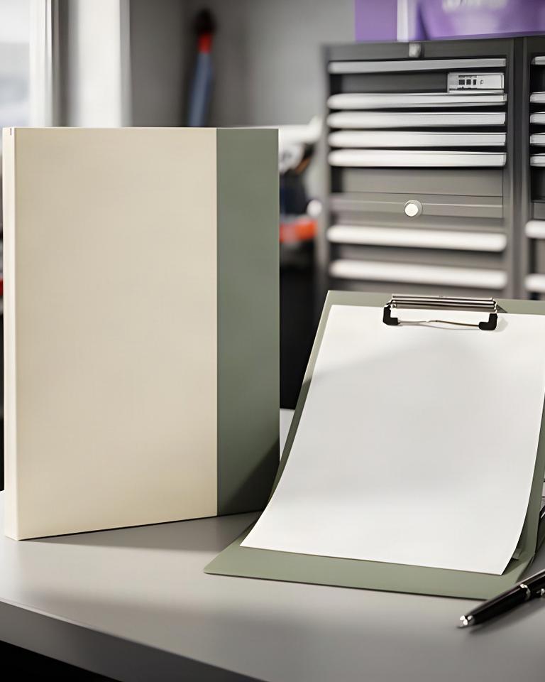 Closed customer file beside a vehicle inspection clipboard in a service office