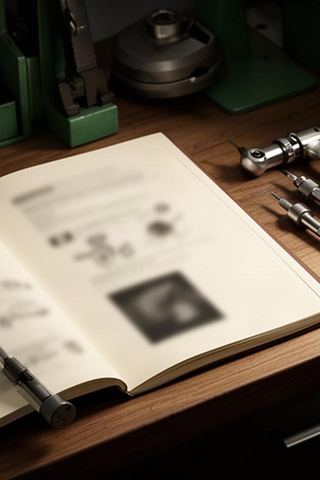 Automotive service manual and copyright notice on a workshop desk