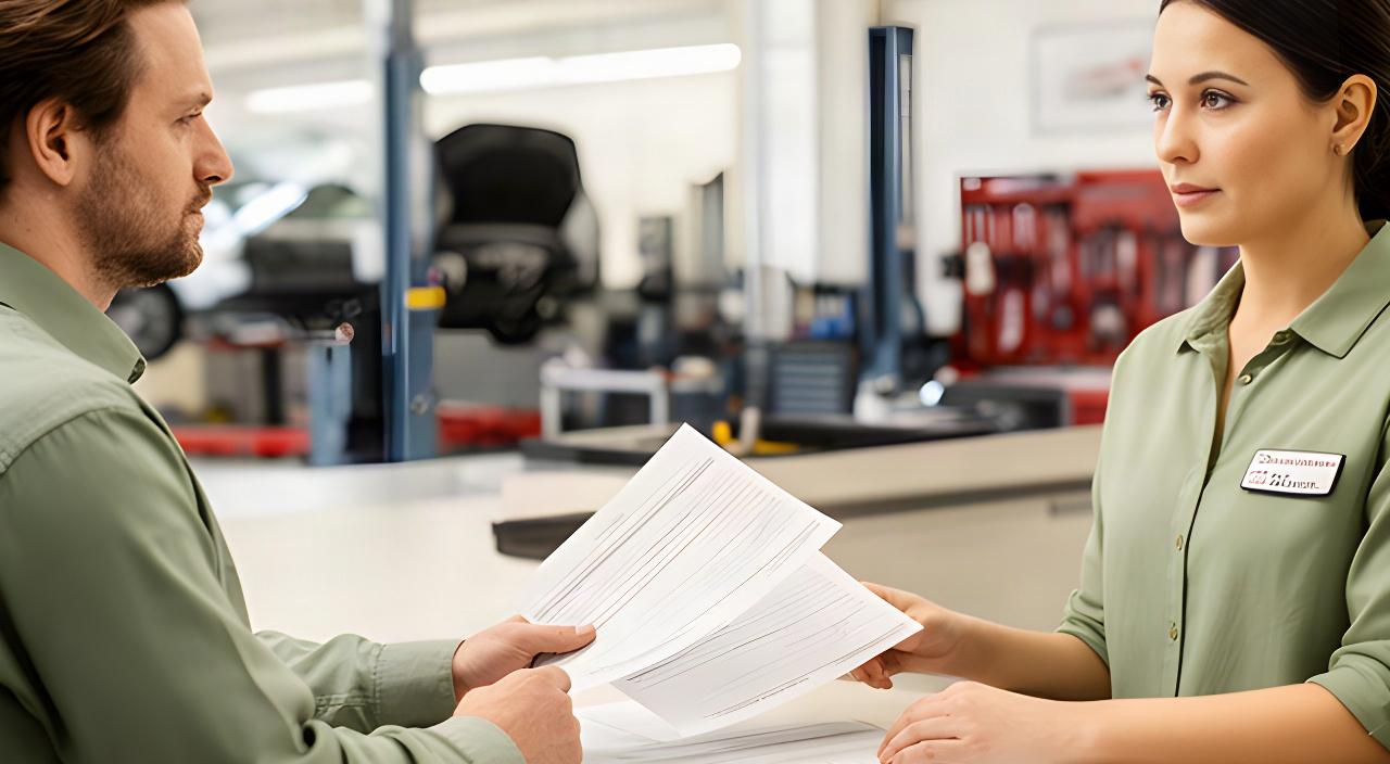 Service advisor reviewing vehicle paperwork at an automotive repair counter